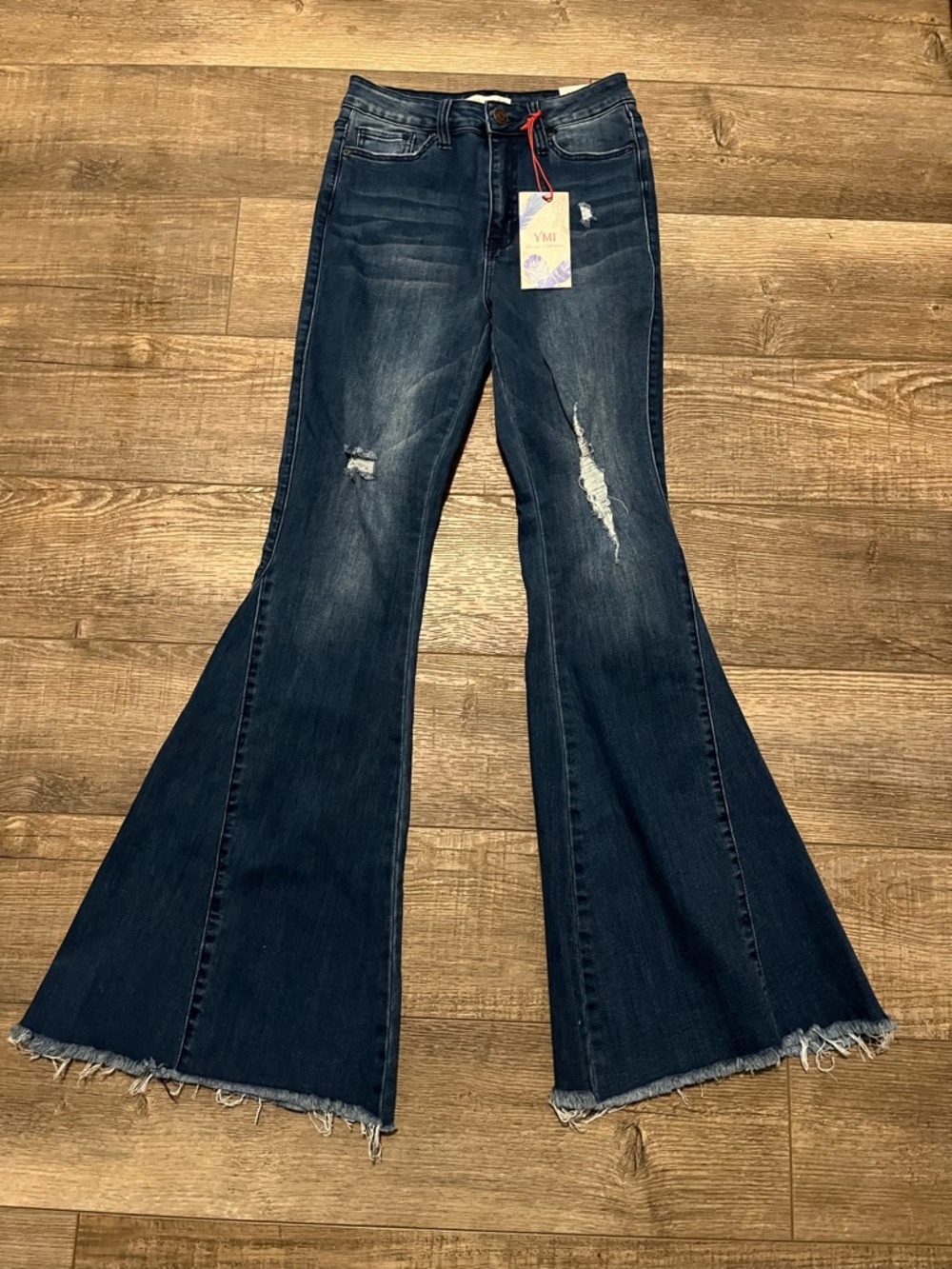 YMI GiGi Fit Flared Leg Jeans Women's 7/28 Dark Blue Stretch Denim Distressed